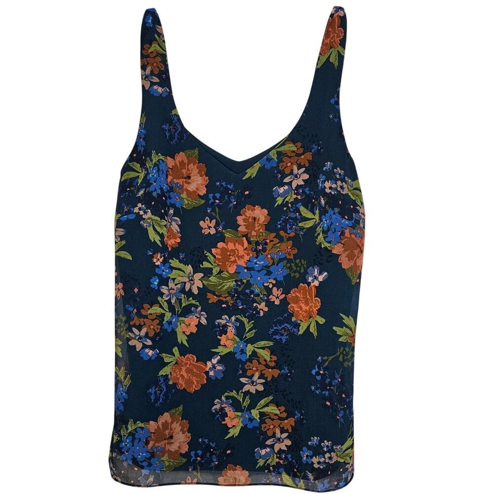 Cabi Still Life Teal Floral Prink V neck tank Cami lined blouse sz Large Lined